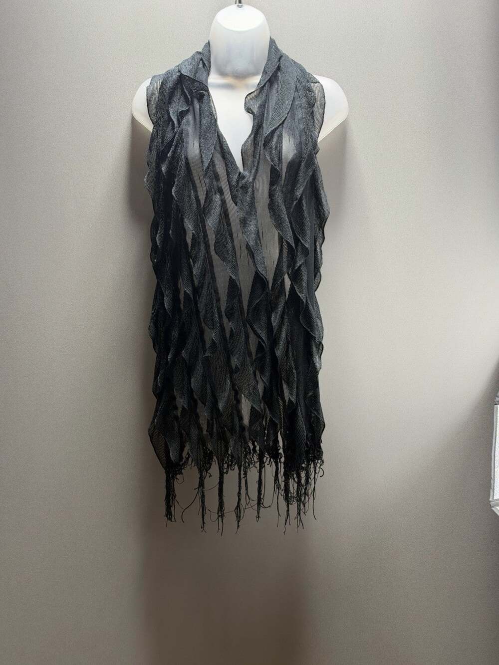 Black Ruffle Scarf Sheer Mesh Fringe Womens Boho Goth Lightweight Wrap